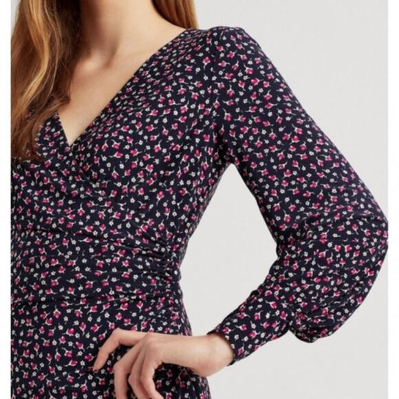 Lauren Ralph Lauren Faux Wrap Dress Sydnie Blue Pink Floral KnitJersey Size 8 - Picture 3 of 11